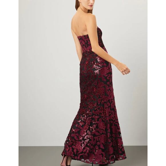 Dress the Population Black Floral Strapless Gown XS Bustier Sequin Designer $400 - Picture 3 of 13